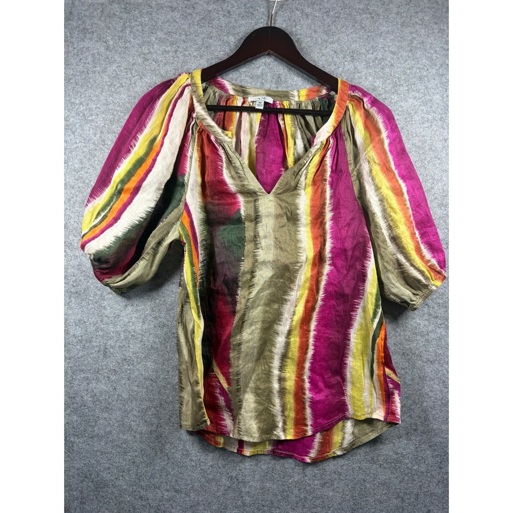 Cache Silk Linen Ikat Stripe V-Neck Puff Sleeve Blouse Multicolor Womens XS